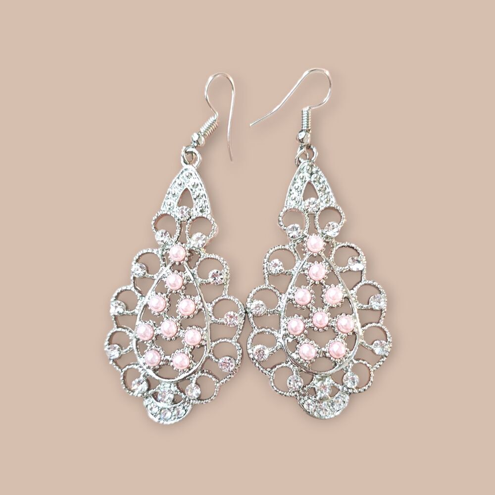 Silver Tone Filigree Teardrop Earrings with Pink Faux Pearl and Crystal Accents